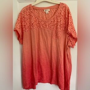 Style & Co. Woman Coral Lace-Yoke Ombre Top Coral Bliss Blouse Size 3X